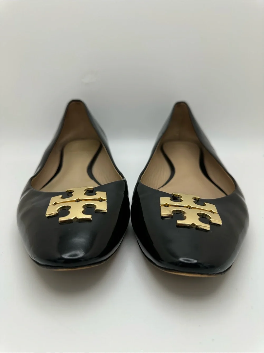 Tory Burch Black Patent Leather Logo Flats with Gold Emblem